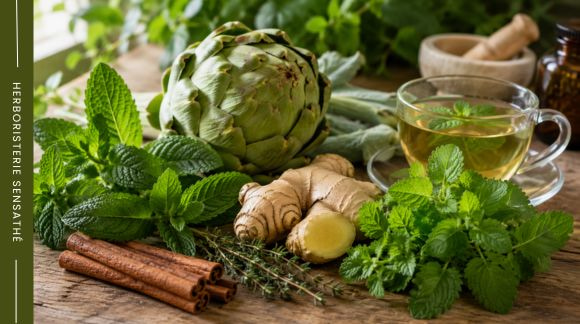 Plantes pour accompagner la digestion et limiter la fatigue après repas  artichaut, menthe, gingembre, mélisse et cannelle - Herboristerie Sensathé
